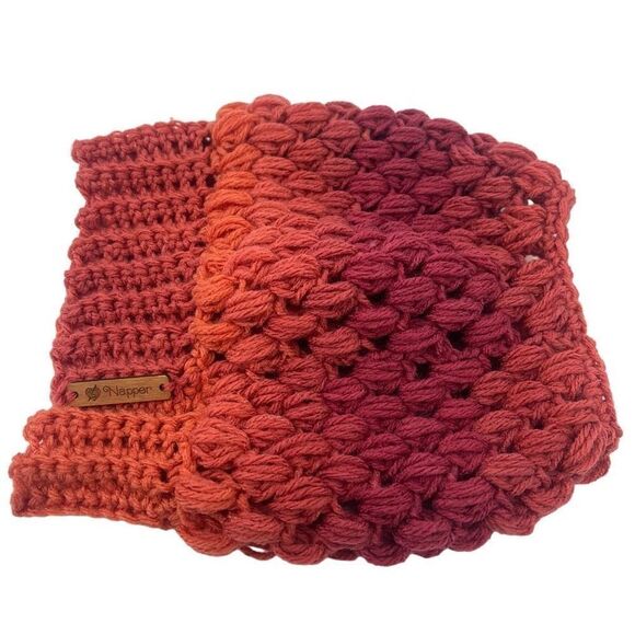 Handmade Napper bun beanie ponytail stocking cap one size NEW orange red - Picture 1 of 10